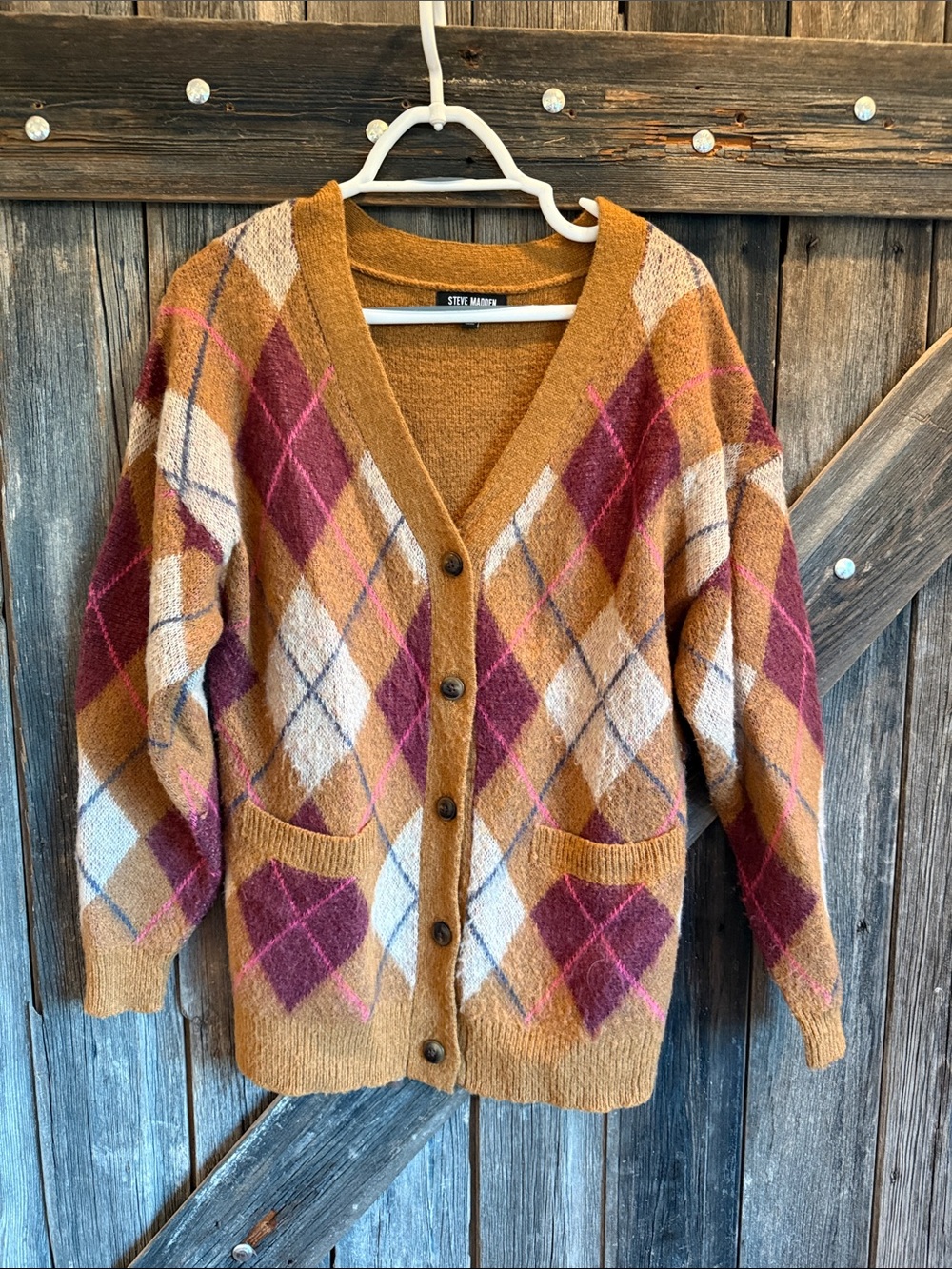 Steve Madden Mustard Argyle Button Front Cardigan with Burgundy & Cream